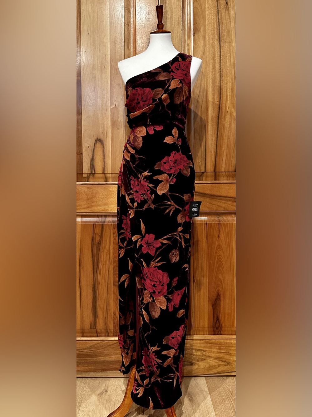 NWT Lulus Unreal Awe Burgundy Floral Burnout Velvet One-Shoulder Dress S